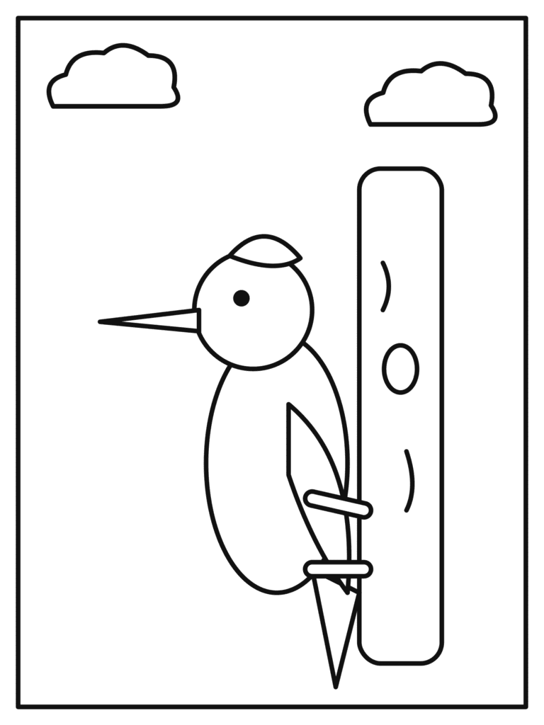 Woodpecker coloring page for kids: a woodpecker tapping on a tree trunk