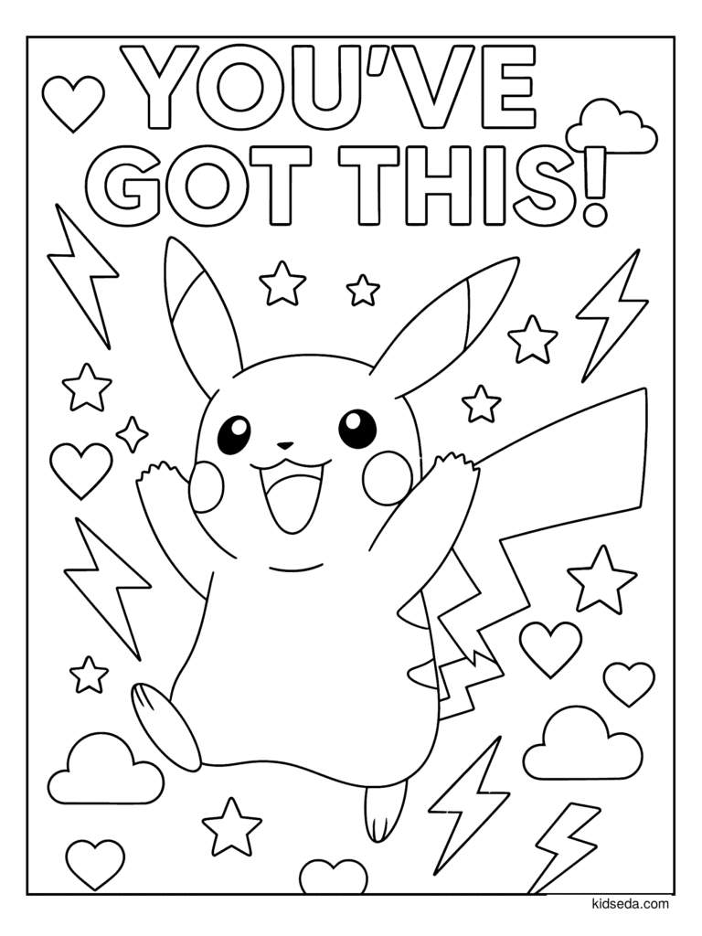 You've Got This Pikachu coloring page for kids: a happy Pikachu with the words You've Got This